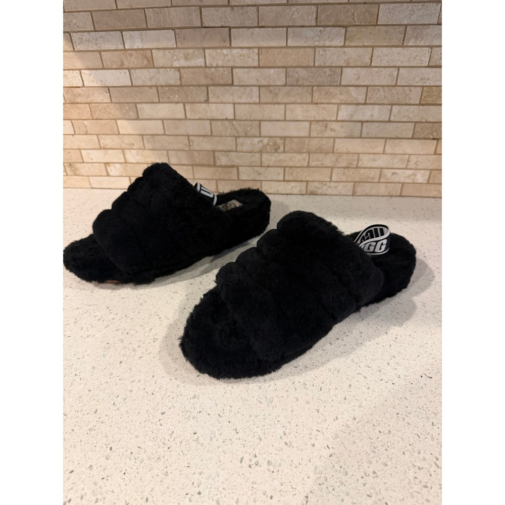 UGG Oh Yeah Women's Slide Slippers Black Faux Fur Logo Strap
